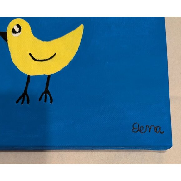 Yellow Bird Painting on Blue Canvas by Elena Mernoff 8x10 - Picture 3 of 10